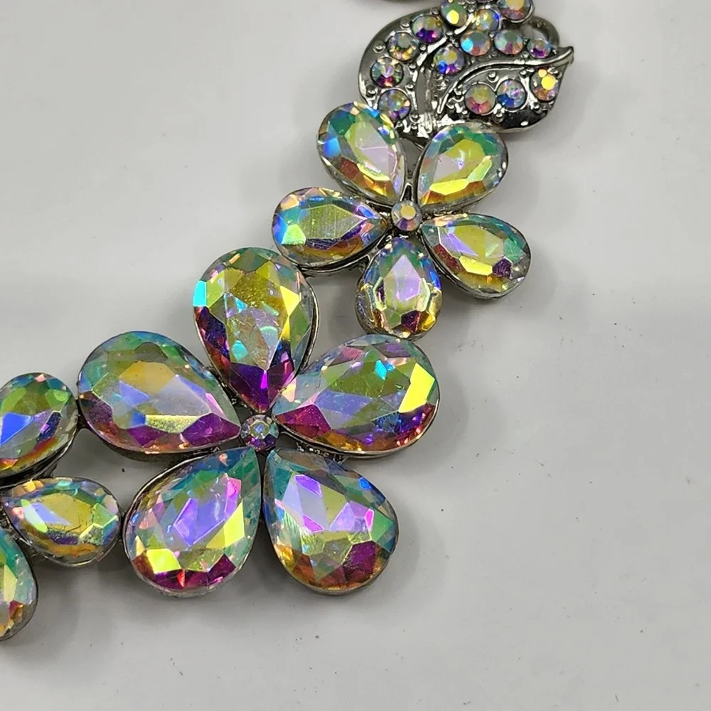 Disney AB Rhinestone Floral Bib Statement Necklace Silver Tone Iridescent Glam